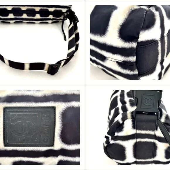 CHANEL Black and White Patterned Shoulder Bag with Leather Logo Patch - Picture 4 of 15